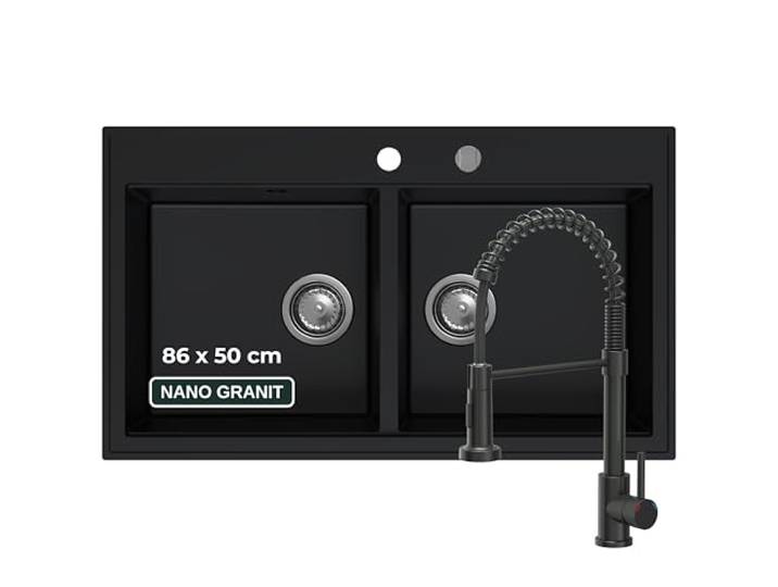 SINK QUALITY Doppelspüle schwarz mit Armatur, Granitspüle Doppelbecken 86x50 cm, Doppel Spülbecken mit Siphon und Imprägniermittel, 2 Becken Küchenspüle ab 85er Unterschrank