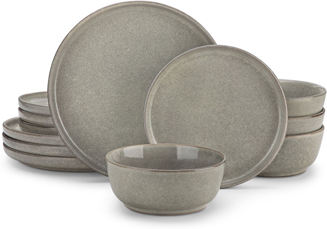 Vancasso 12 Pieces Dinnerware, Pocelain Round Plate, Dinner Plate, Dessert Plate And Bowl with Vertical Edge, Serve For 4 Person, Blue Grey 12