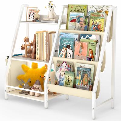 SUGIFT 3-Tier Kids Bookshelf and Toy Storage Organizer with Front-Facing Book Display and Side Pockets for Bedroom and Nursery, White
