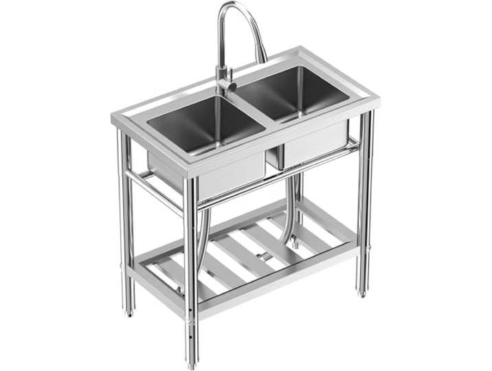 GarveeMore Freistehende Küchenspüle Edelstahlspüle Set 84x46x78cm Waschbecken mit Schüssel Wasserhahn, Ablage, Kalt- Und Warmwasserleitung, Kommerzielles Spülenset für Küche (2 Waschbeck)