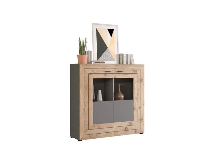 Highboard Freno , grau matt / Nox Oak , LED Beleuchtung