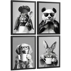 POSTER 4er Set Lustige Tiere Schwarz Weiß Wandbilder Hase Panda Golden Retriever Koch Küche Deko Schwarzer Rahmen A4
