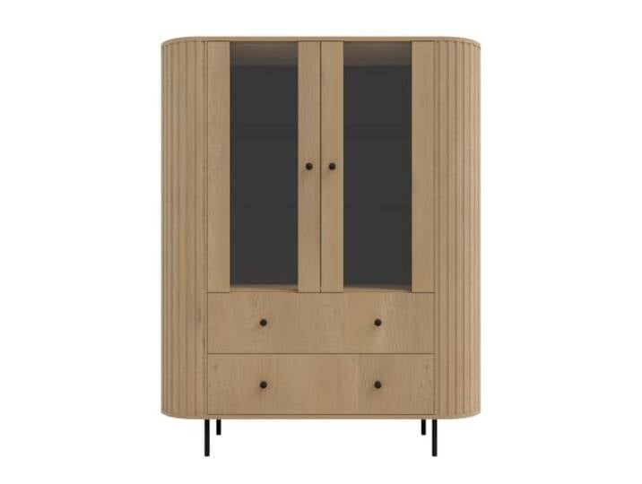 Margaret Hadas24 Olivia Vitrine 123 cm Eiche Cremona Moderne Vitrine mit Glastüren, 2 Schubladen und geriffeltem Design