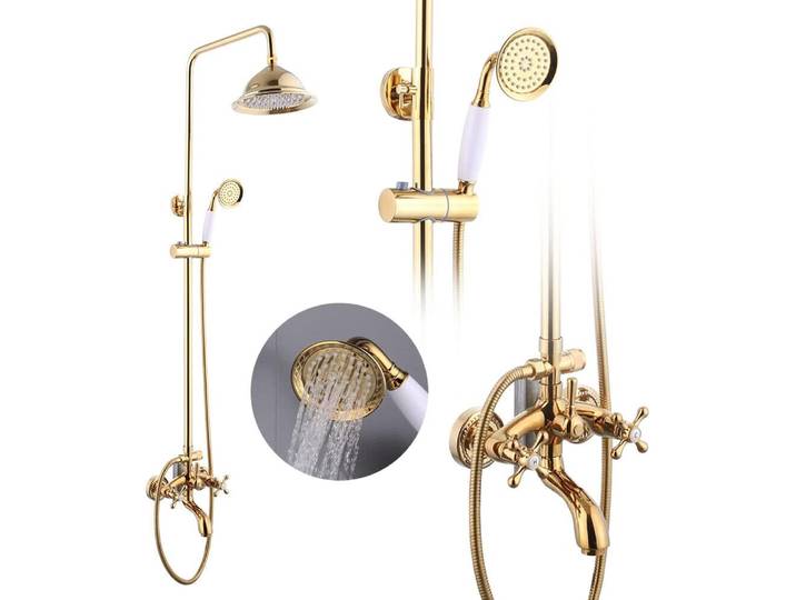 Ensemble de douche antique avec douchette à main, style rétro nostalgique, finition dorée, design moderne