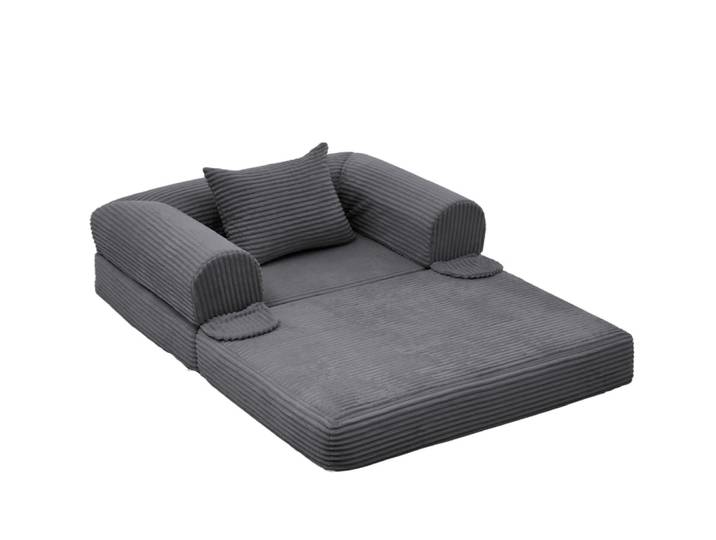 Fauteuil convertible en velours côtelé gris avec coussin