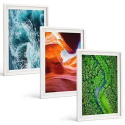 BILDER SET 3er Set - 40x60 cm Weißer Rahmen - Wasserbewegung Canyon grüner Wald