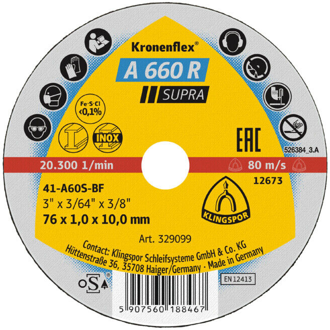 Petit disque de coupe Klingspor A 660 R 76 x 1,6 x 10 mm droit (368877)