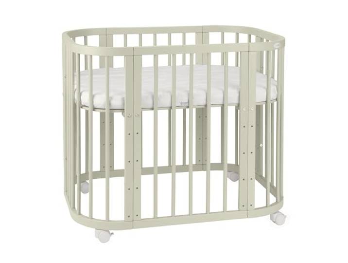 waldin Babybett 5in1, Beistellbett aus Holz, Matratze, Belüftet, Olive Belüftet, Boden 5-fach verstellbar, Mitwachsend, Wiegefunktion optional