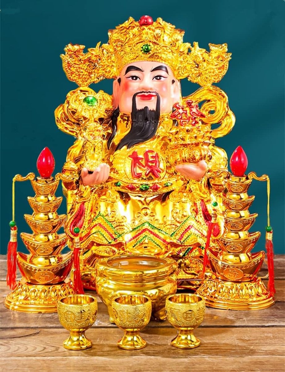 Set van 2 Feng Shui God van Fortuin en God van Rijkdom decoraties, goudkleurig keramiek, 25,4 cm