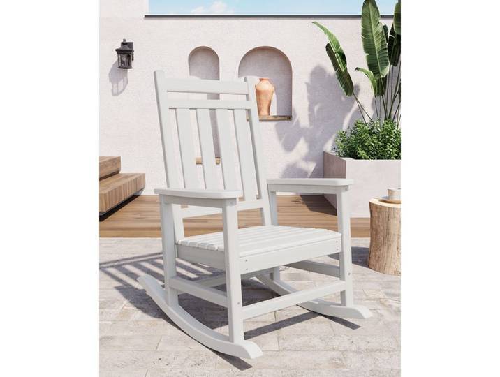 Fauteuil unique à Bascule Adirondack HDPE Blanc Chaise Jardin Dossier Haut Effet Bois Résistante aux Intempéries