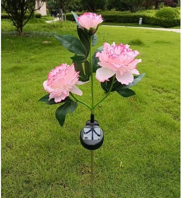 Inspired Finds Solar Peony Flower Garden Lights 3 Head Waterproof Pink Pathway Stake Lamps pink