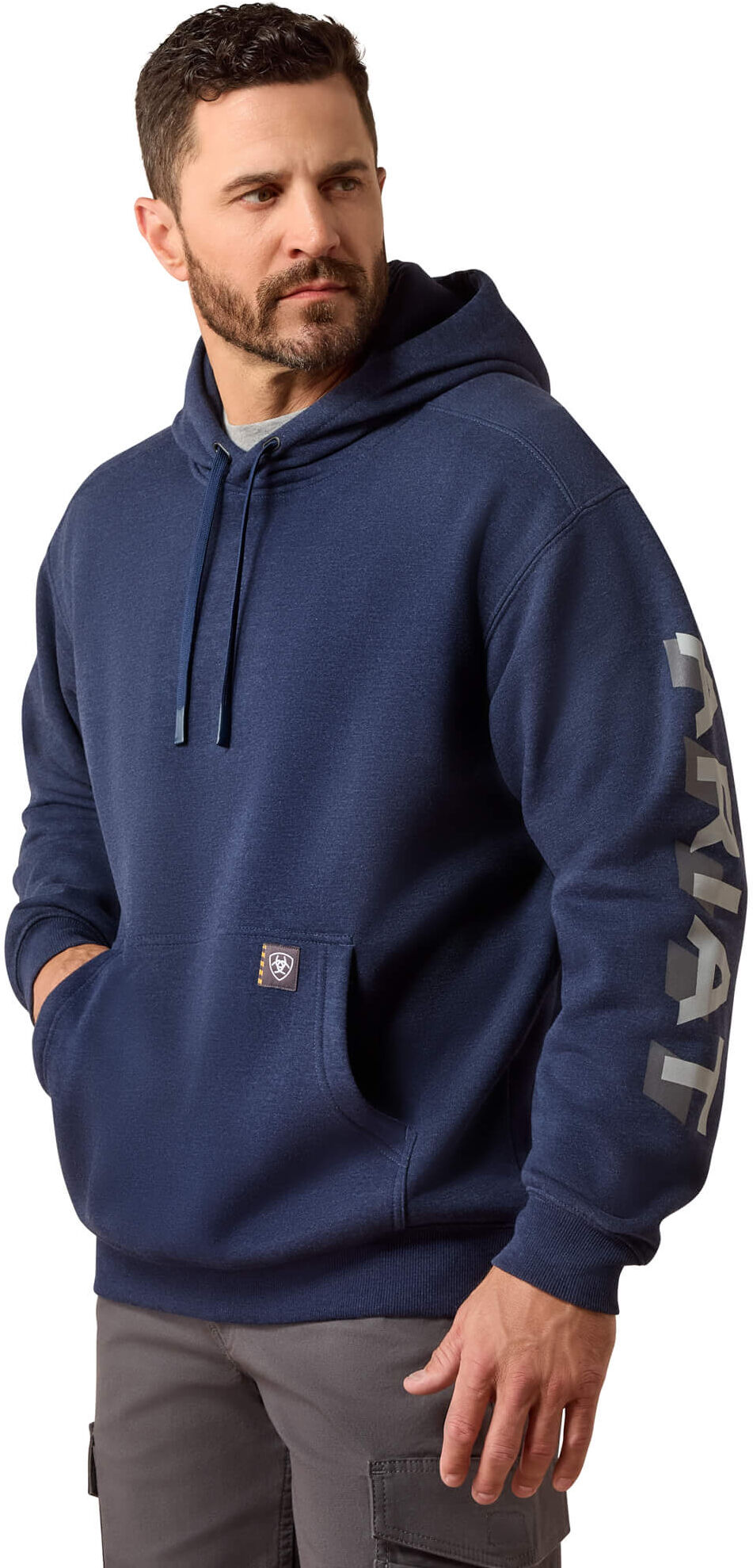 Men's Rebar Lightweight Logo Hoodie in Navy Heather Alloy, Size: XL by Ariat