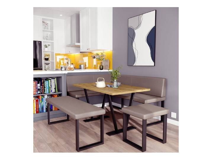 AN FURNITURE STORE Eckbankgruppe Eckbank ALINA Metall Set, (Eckbank mit Tisch, Sitzbank und Hocker), Tischplatte 32 mm, Farbe ARTISAN OAK, pulverbeschichtetes Metallprofil