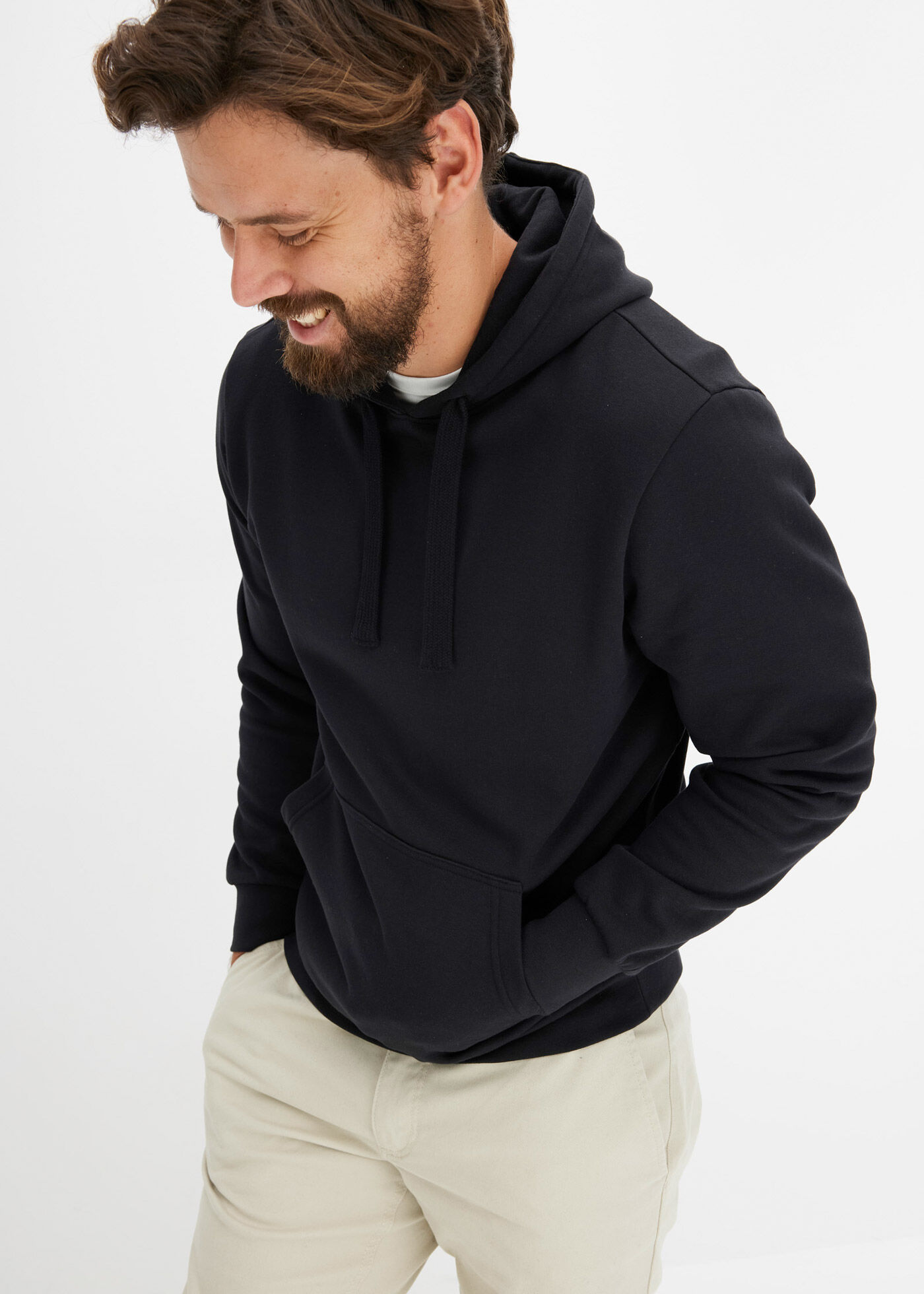 Hoodie BONPRIX "Hoodie", Herren, Gr. 48/50 (M), schwarz, Sweatware, Obermaterial: 60% Baumwolle, 40% Polyester, unifarben, bequem hüftbedeckend, Rippbündchen, Sweatshirts Hoodie, mit Kängurutasche, in weicher Qualität