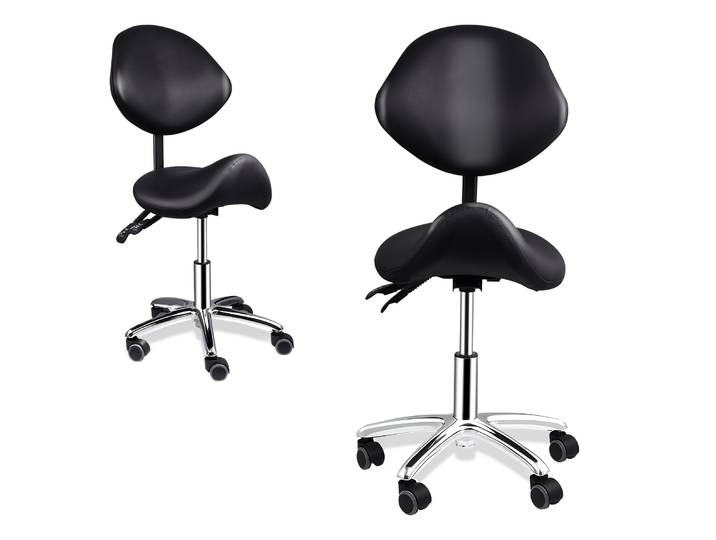 Tabouret selle ergonomique à roulettes avec dossier, hauteur réglable, robuste, rotation 360° ° Tabouret de salon pivotant avec siège en cuir PU hydraulique, tabouret roulant professionnel pour