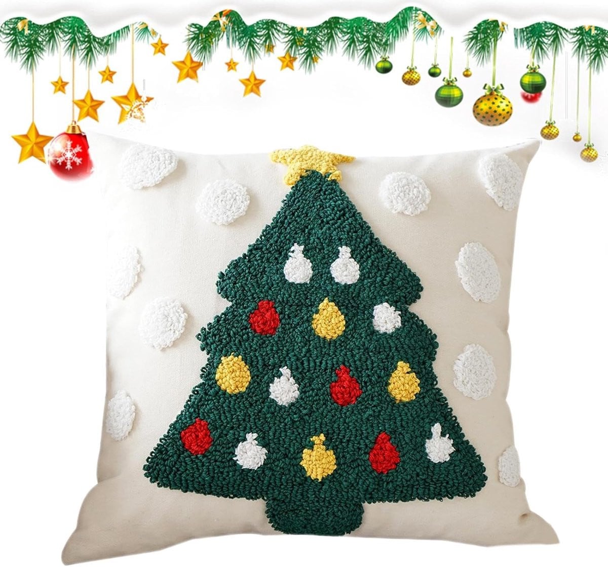 Kerst kussensloop met groene kerstboom en sneeuwvlokken, 45 x 45 cm