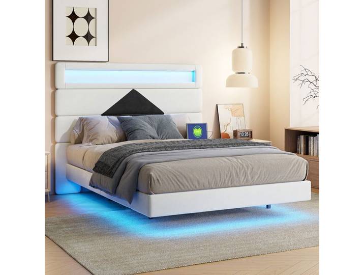 Lit Double 140x190 - Flottant Intelligent - LED RGB - Prise USB - Tête de lit Velours