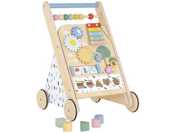 Aiyaplay Baby-Lauflernwagen Mehrschichtplatte Kautschukholz Naturholz Weiß, Naturfarben, Holz, Sperrholz, 32.4x46x34.5 cm, schadstofffrei, Spielzeug, Babyspielzeug, Lauflernwagen