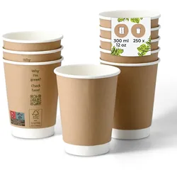 BIOZOYG 250 Stück Kaffee To Go Becher braun bedruckt 300ml / 12oz Einwegbecher Pappbecher doppelwandig für heiße Getränke biologisch abbaubar