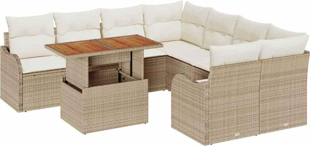 Modulares Garten-Sofa-Set, 9-teilig mit Stauraumfunktion, Poly-Rattan Beige Matt, 8 Sitzplätze, inkl. Gartentisch