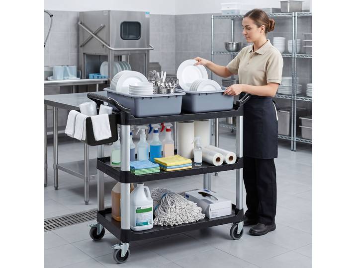 HOMCOM Chariot Nettoyage 3 Étagères 2 Bacs Seau 100kg Noir