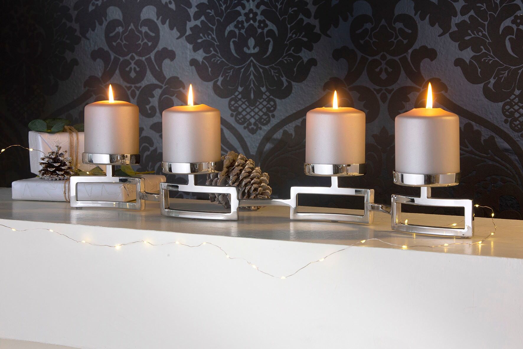Kerzenleuchter FINK "HOMMAGE, Weihnachtsdeko", silber (silberfarben), B:14cm T:68cm, Edelstahl, Glas, Kerzenhalter, Kerzenleuchter, silberfarben - aus Edelstahl und Glas, 4-flammig, Adventsleuchter silberfarben B/H/T: 14cm x 68cm