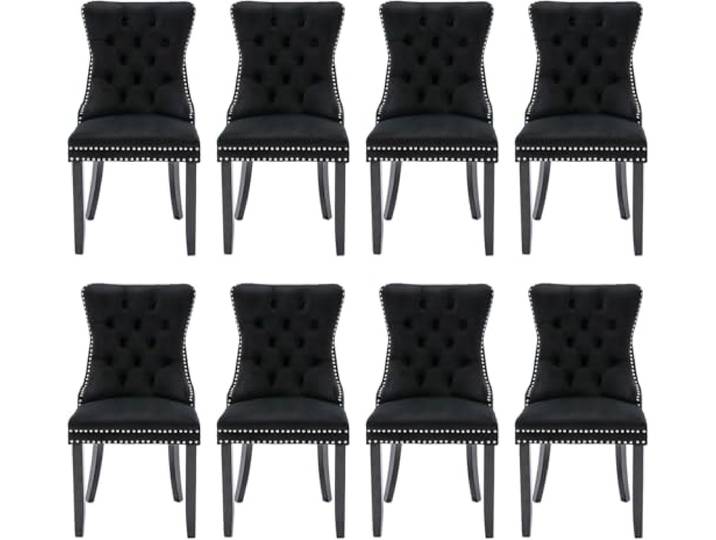 SoarTalent 8er Set Esszimmerstühle Samt gepolstert Nagelkopf, Schwarz Samt gepolstert, Nagelkopfbesatz, Massivholzbeinen, Metall-Ziehring, für Esszimmer & Wohnzimmer
