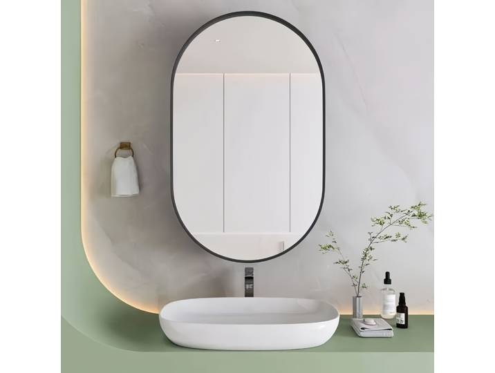 Armoire à miroir ovale, pour installation ou fixation murale, avec étagères réglables, 85x52x10,7 cm, Noir