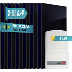 SUNNIVA® 6.0 kW Solaranlage, 12x 500 W Solarmodule Fullblack Bifacial, Wechselrichter SolarEdge SE6K (3-phasig)