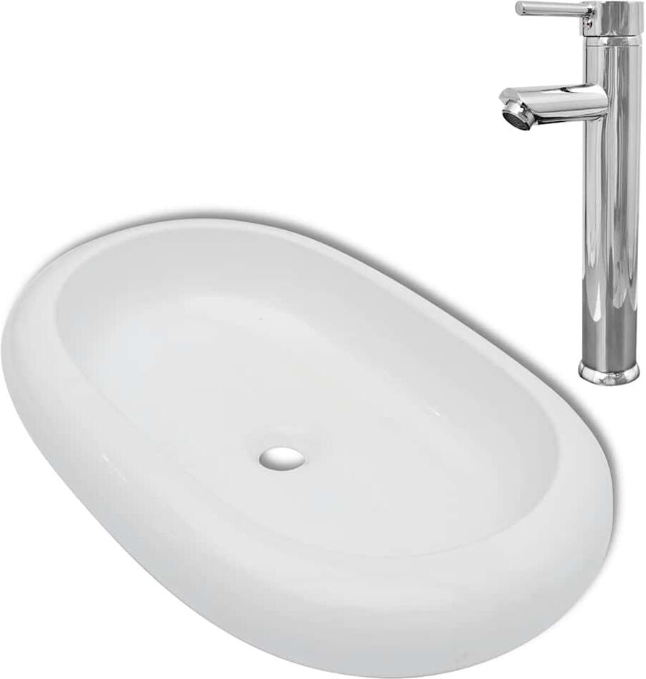 vidaXL Lavabo de salle de bain avec mitigeur Céramique Ovale Blanc