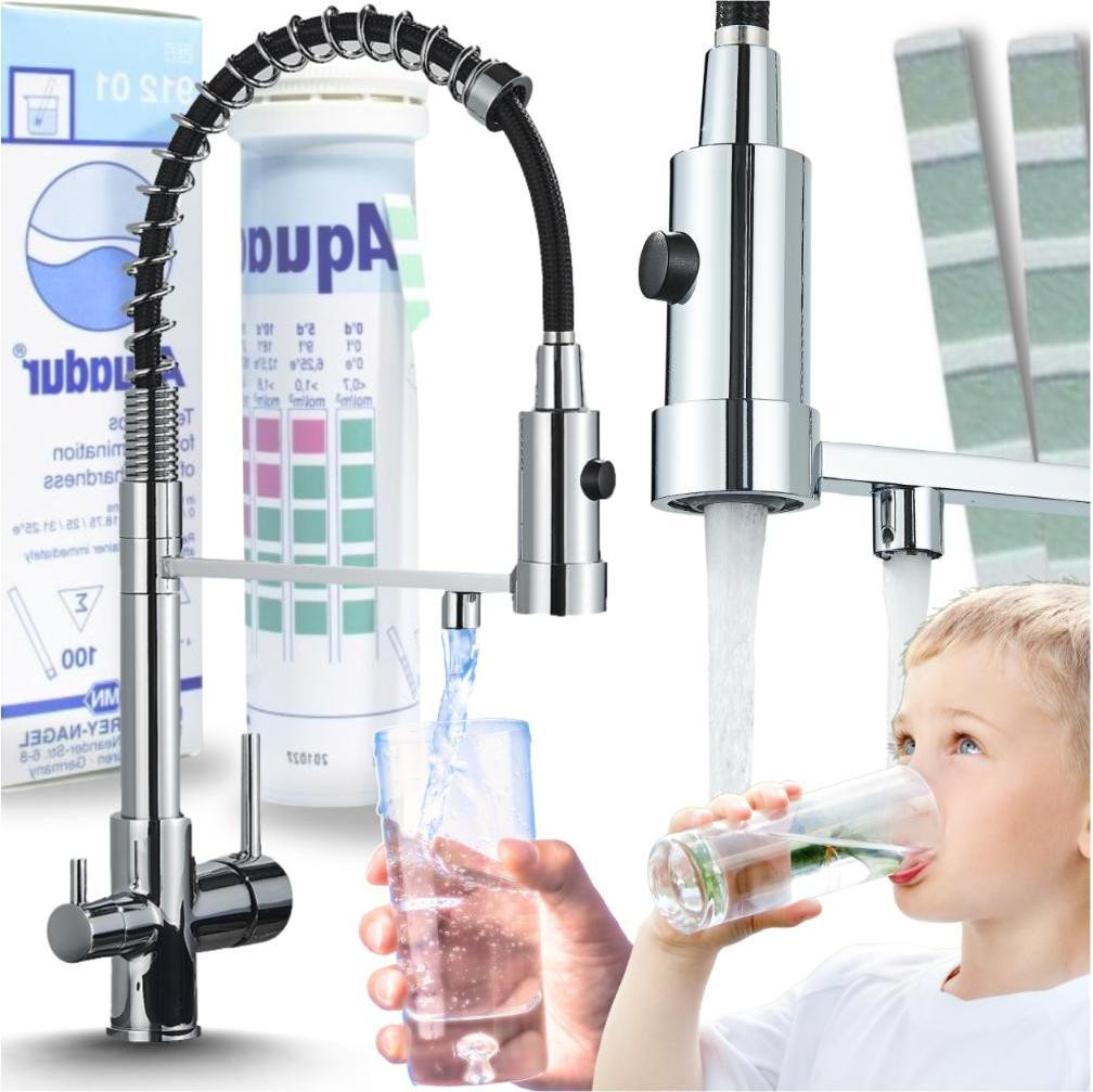 Ari Solid Spring Keukenmengkraan met waterfilteraansluiting, uitschuifbare en draaibare tuit, chroom