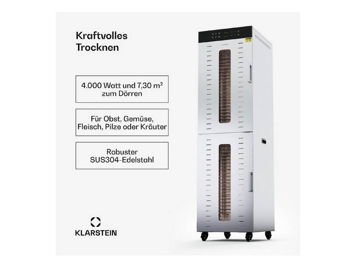 Klarstein Dörrautomat Master Jerky 700 4000 W, Dörrautomat groß Pilze Obst Trockner Dörrgerät Dehydrator Edelstahl