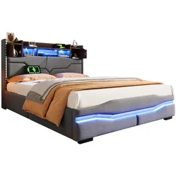 STILVORA Polsterbett 140x200 Leinen MDF mit hydraulischem Stauraum, LED-Beleuchtung, USB-C Anschluss, Lattenrost, Multifunktional, Grau