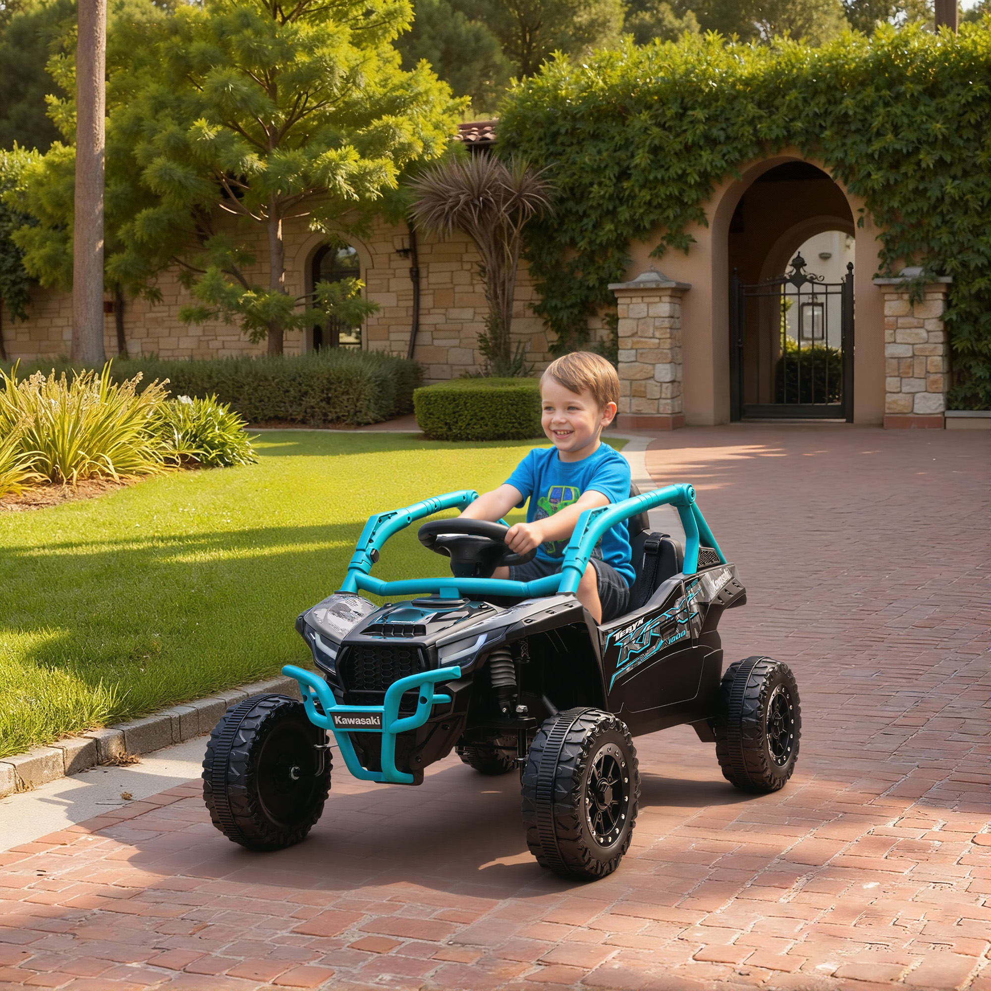 Aiyaplay Auto elettrica per bambini, Veicolo fuoristrada con telecomando e luci LED, musica e clacson, 100x64x56 cm, Blu   Aosom Italy