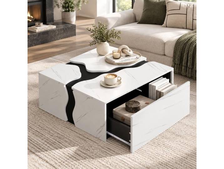 Table basse carré blanc 70x70x31cm table d'appoint moderne effet marbre avec 1 tiroir de rangement pour salon chambre bureau