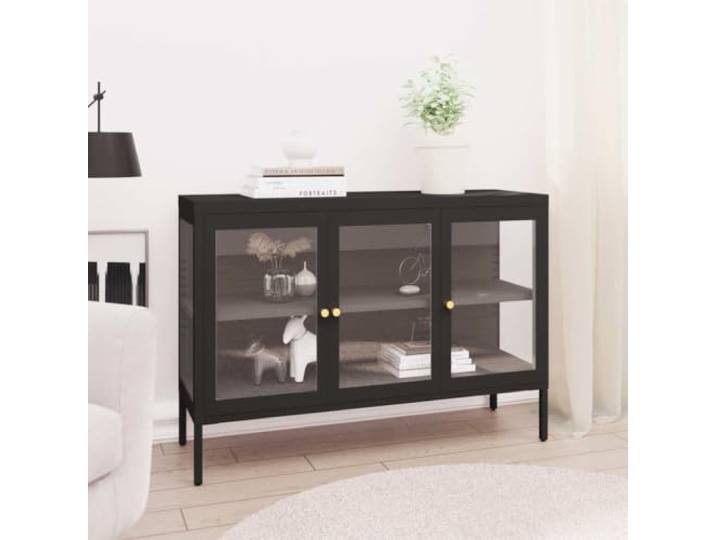 Modernes Sideboard mit verstellbaren Regalen und Füßen, Elegantes Sideboard mit Glasfront und Stahlgestell, mit Stahlrahmen und Glastüren, Robustes mit Glasfächern