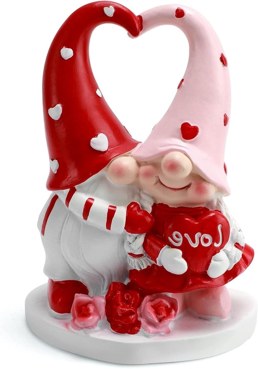 Handgemaakte Valentijn kabouter decoratie beeldjes in rood en roze, Hoogte: 117 cm