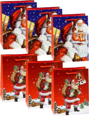 TSI Geschenktüten Set Nikolaus, 6-teilig, 3 x Motiv „Nikolaus in Landschaft“/3 x Motiv „Nikolaus vor blauem Himmel“, PP-Folie, blau