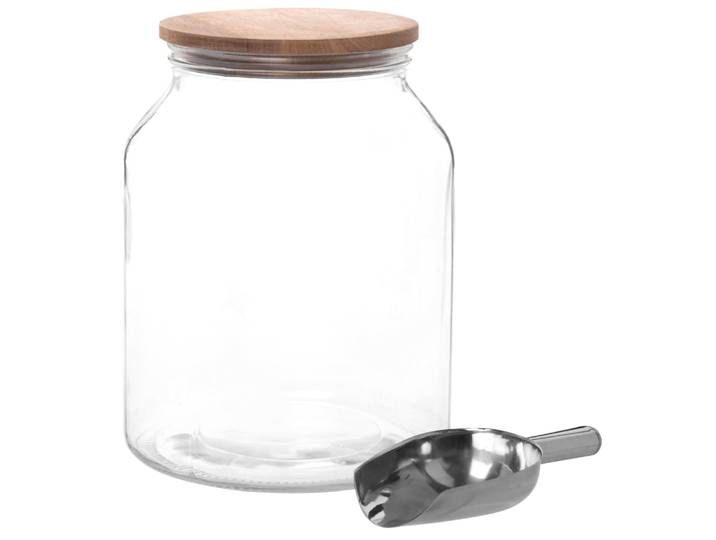 Gefäß aus Glas mit Deckel aus Akazienholz mit Edelstahlschaufel