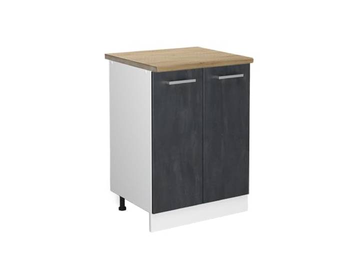 Vicco Küchenunterschrank R-Line, Schwarz Beton, 60 cm 2 Türen · Arbeitsplatte Eiche · Höhenverst. Füße · 1 Einlegeboden · Frei kombinierbar