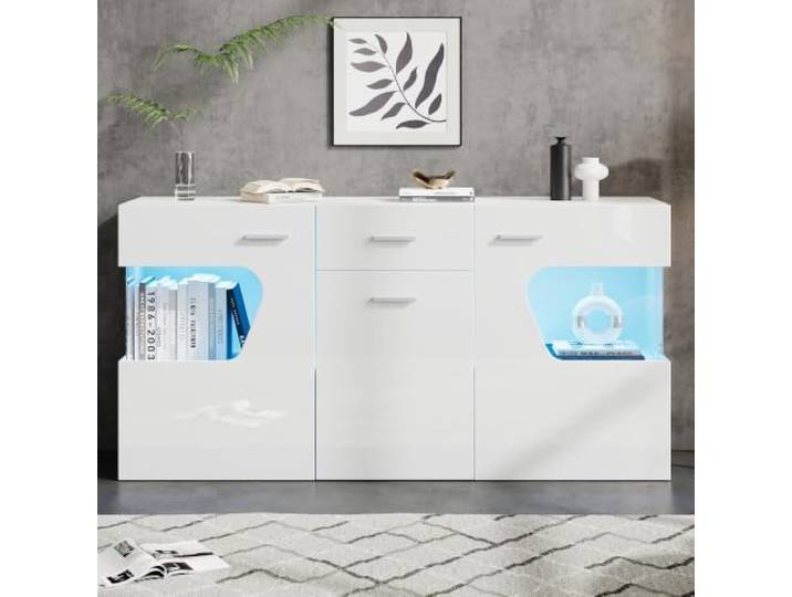 Merax Sideboard Weiß Hochglanz mit LED, 140 cm, 3 Türen, Glasfront LED-Beleuchtung mit App-Steuerung, Sicherheitsglas, 1 Schublade, 8 Staufächer, MDF, 30 kg Tragkraft