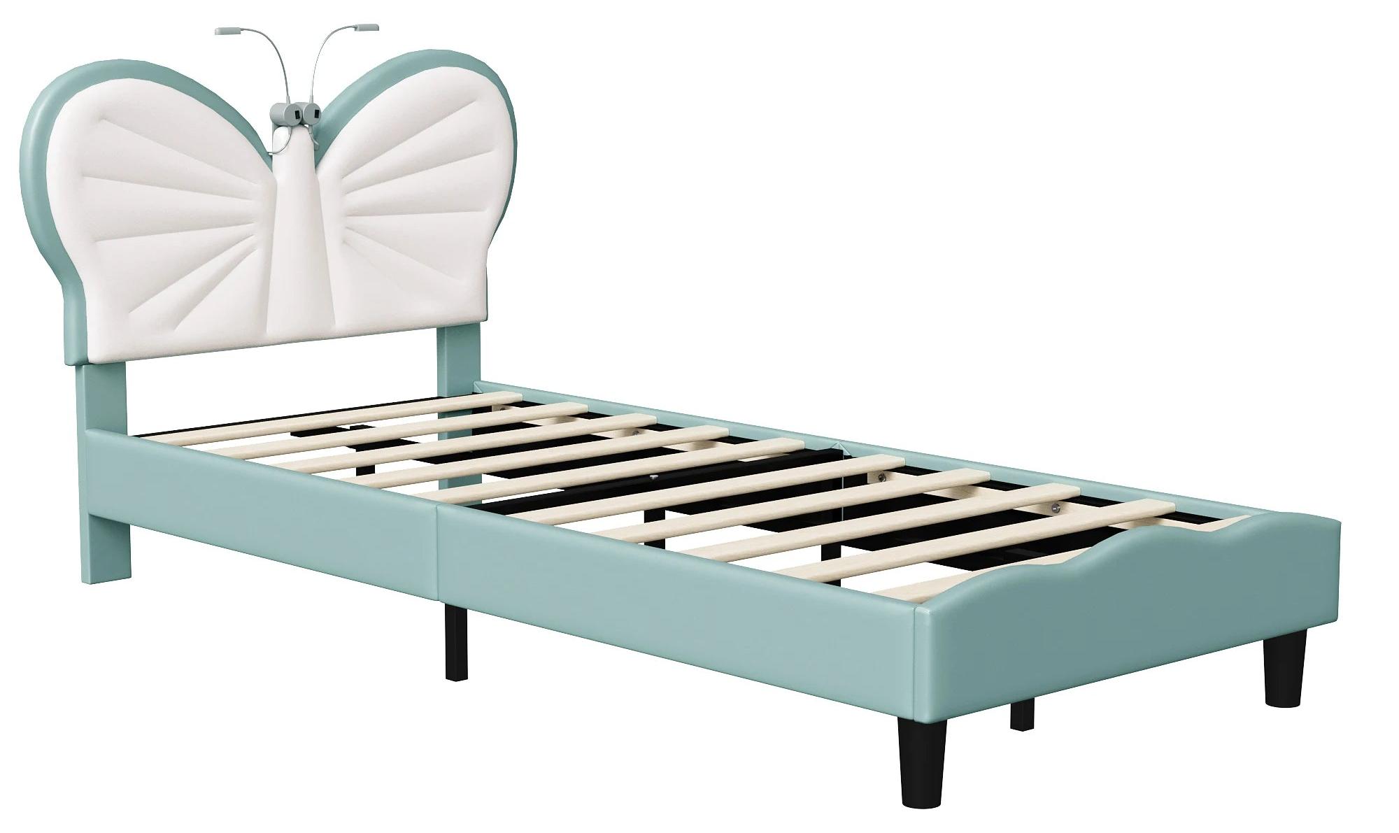 Kinderbett - Einzelbett - Mädchenbett - Jungensbett - Bettgestell - Kopfteil mit Schmetterlingsmotiv, blau - Bezug