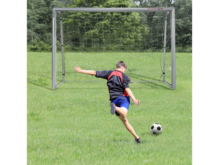 SPORTNOW But de football étanche, cadre en métal robuste, filet résistant aux déchirures, 160H x 240L x 85l cm, Gris