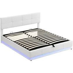 Polsterbett 180x200 LED-Beleuchtung hydraulischer Bettkasten Lattenrost verstellbares Kopfteil modernes Design langlebig Weiß