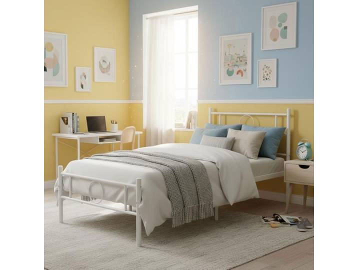 Structure de lit - FURNITURER - FurnitureR - 90 x 190 cm - Métal blanc - Sommier intégré