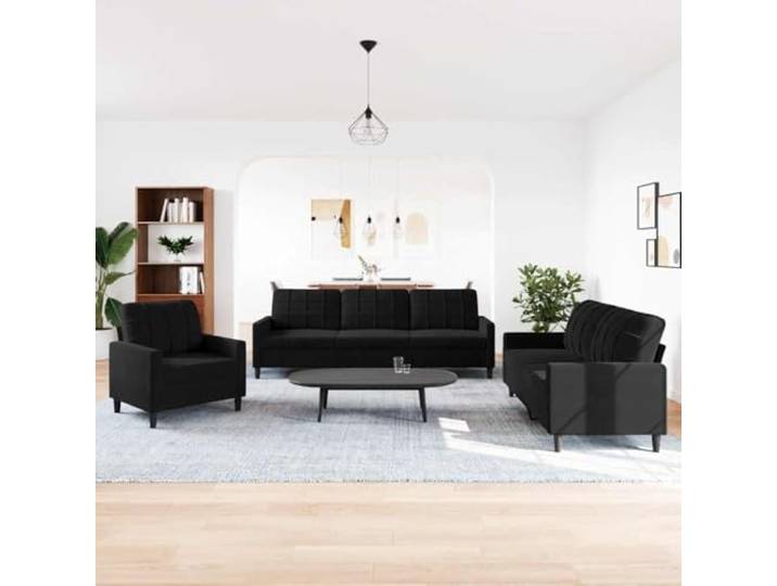 KTHLBRH 3-teiliges Sofaset aus schwarzem Samt mit Kissen Gestell aus Metall, Füllung aus Schaumstoff, 1 Sofa, 1 2-Sitzer-Sofa, 1 3-Sitzer-Sofa
