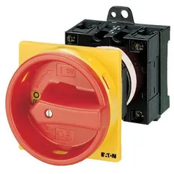 Eaton 086334 Hauptschalter, T0, 20 A, Zwischenbau, 2 Baueinheit(en), 3-polig, 1 Schließer, NOT-AUS-Funktion, mit rotem Drehgriff und gelbem