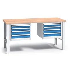 Werkbank mit Holzarbeitsplatte G3, festes Gestell, 1700 mm, 2x 4 Schubladencontainer