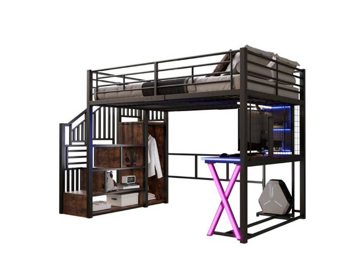 Lit Mezzanine 140x200 cm - FloraGrace+avec Bureau Echelle de Rangement Etagere et Armoire sans Matelas - Noir