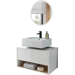 BADMÖBEL-SET 2-teilig weiß Hochglanz, Eiche, Set mit LED Beleuchtung 80 cm